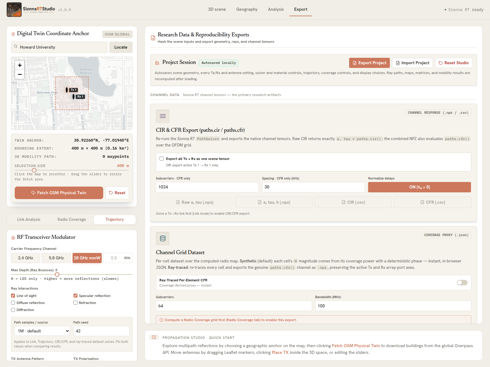 Export workspace showing project, CIR/CFR, and reproducibility outputs