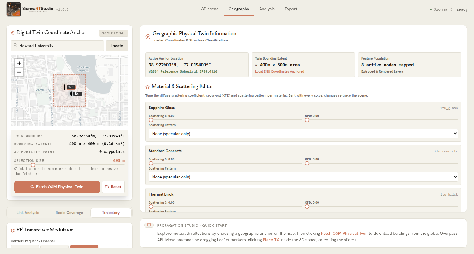 Geography workspace showing physical-twin metadata and the material editor