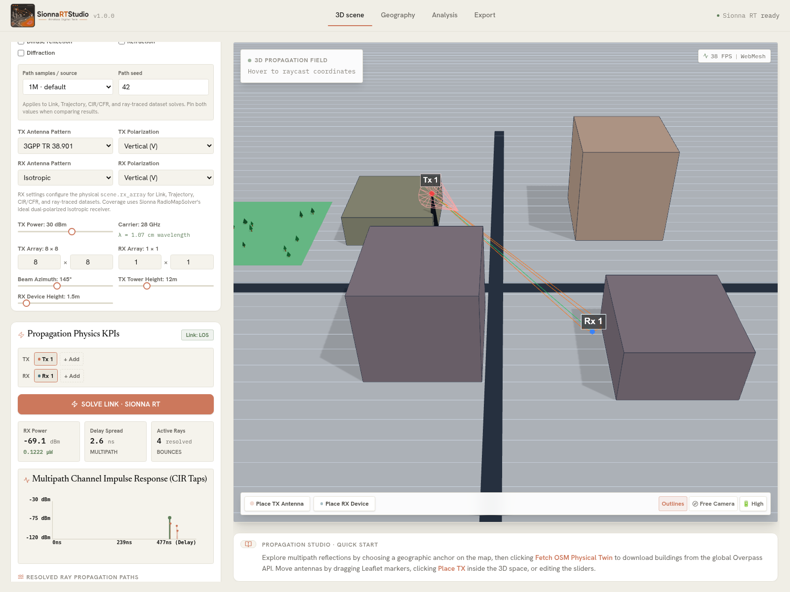 Completed Sionna RT link solve with resolved rays, received power, delay spread, and CIR taps
