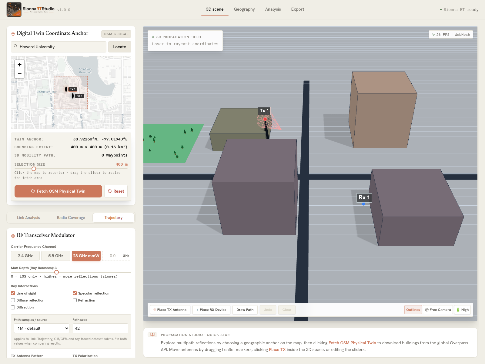 SionnaRTStudio overview showing the map, 3D scene, transmitter, receiver, and mode controls