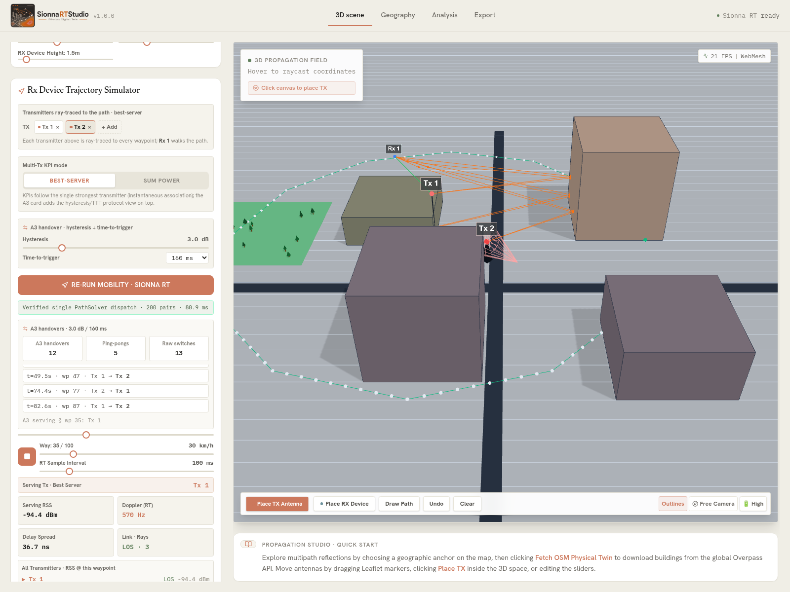 Live trajectory playback with ray-traced paths from two transmitters to the moving receiver