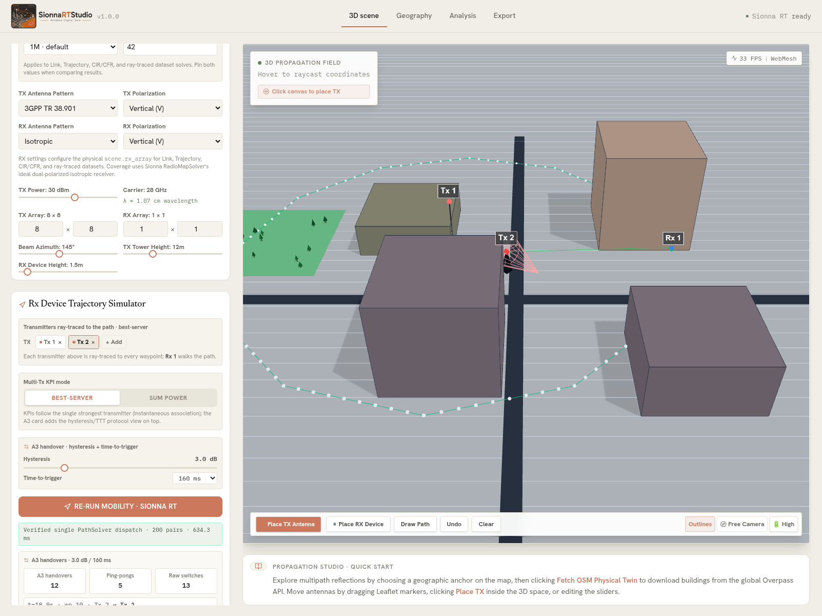 Solved receiver trajectory with two transmitters, best-server mode, and A3 handover analysis